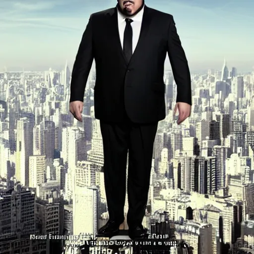 Prompt: clean-shaven Jon Favreau as Happy Hogan wearing a white dress shirt and black vest and black necktie floats high above a city with a frightened expression on his face