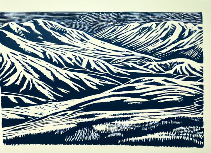 Prompt: a beautiful linocut print on paper of The highlands of Scotland