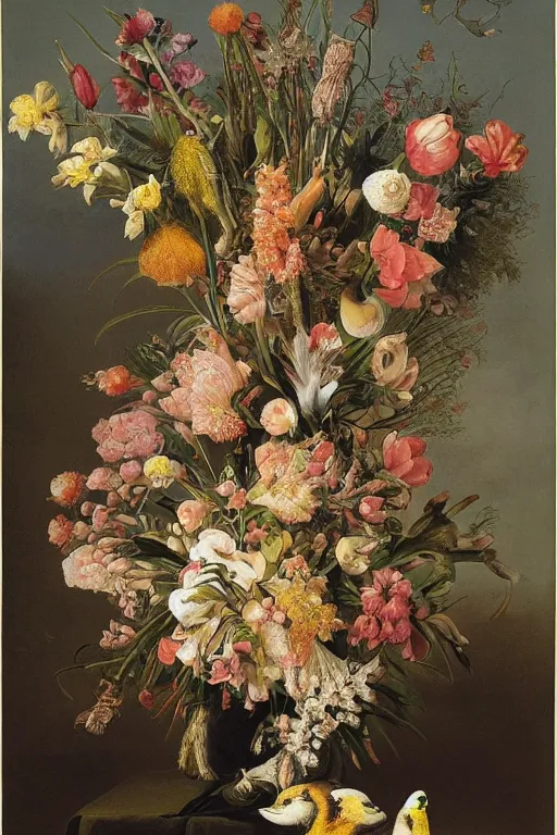 Image similar to painting of paradise birds flowers in a vase on a table, by rachel ruysch, ernst haeckel, audubon, dutch golden age, pop surrealism, biomorphic, made of birds and feathers