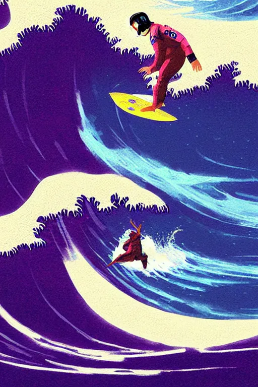 Prompt: a beautiful digital painting of an astronaut surfing the great wave off kanagawa on a purple surboard by greg rutkowski