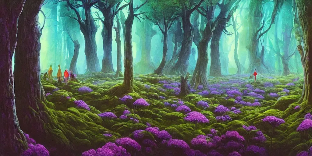 Image similar to 90s oak trees forest with big wild flowers windows, figures, soft neon lights, bright colors, cinematic, cyberpunk, smooth, chrome, lofi, nebula, calming, dramatic, fantasy, by Moebius, by zdzisław beksiński, fantasy LUT, studio ghibli, high contrast, epic composition, sci-fi, dreamlike, surreal, angelic, 8k, unreal engine, hyper realistic, fantasy concept art, XF IQ4, 150MP, 50mm, F1.4, ISO 200, 1/160s, natural light, Adobe Lightroom, photolab, Affinity Photo, PhotoDirector 365