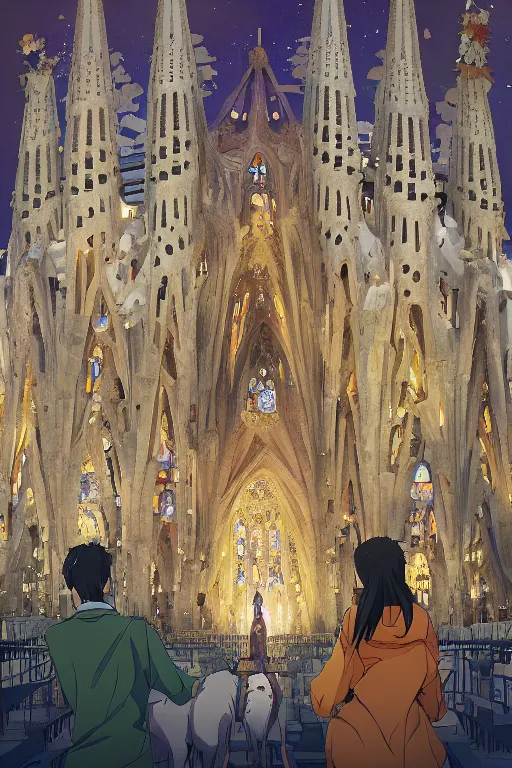 Prompt: sagrada familia cathedral and shiba ， anime fantasy illustration by tomoyuki yamasaki, kyoto studio, madhouse, ufotable, comixwave films, trending on artstation 8 k