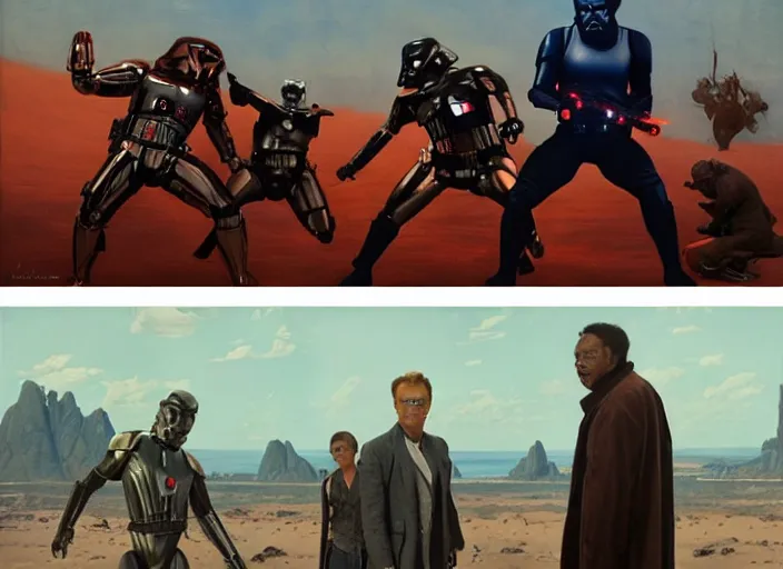 Prompt: a still from the movie avengers : infinty war and a still from the movie starwars of francis bacon and norman rockwell and james jean, and mark brooks, triadic color scheme, by greg rutkowski, syd mead and edward hopper and norman rockwell and beksinski, dark surrealism, orange and turquoise