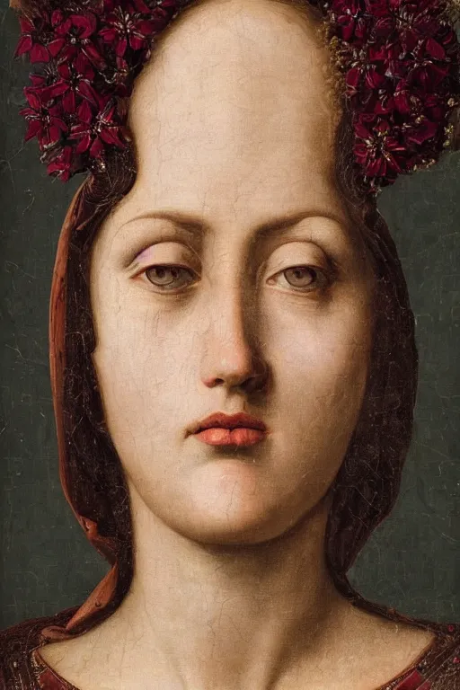 Prompt: hyperrealism close - up mythological portrait of an exquisite medieval woman's shattered face partially made of maroon flowers in style of classicism, wearing silk hood, dark palette