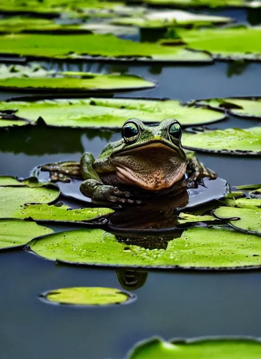 Image similar to close - up of a smiling frog in the pond with water lilies, medieval castle on background, shallow depth of field, highly detailed, ominous, digital art, masterpiece, matte painting, sharp focus, matte painting, by isaac levitan, monet, asher brown durand,