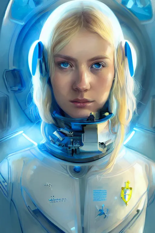 Image similar to portrait futuristic beautiful northern europe Airforce armored pilot Girl, blonde hair, blue eyes, at inside of future fighter aircraft, ssci-fi, fantasy, intricate, very very beautiful, elegant, human anatomy, neon light, highly detailed, digital painting, artstation, concept art, soft light, smooth, sharp focus, illustration, art by tian zi and WLOP and alphonse mucha