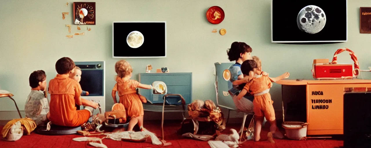 Image similar to a tv showing the moon landing while a family eats spaghetti, in the style of diane arbus, canon 5 0 mm, wes anderson film, kodachrome, retro