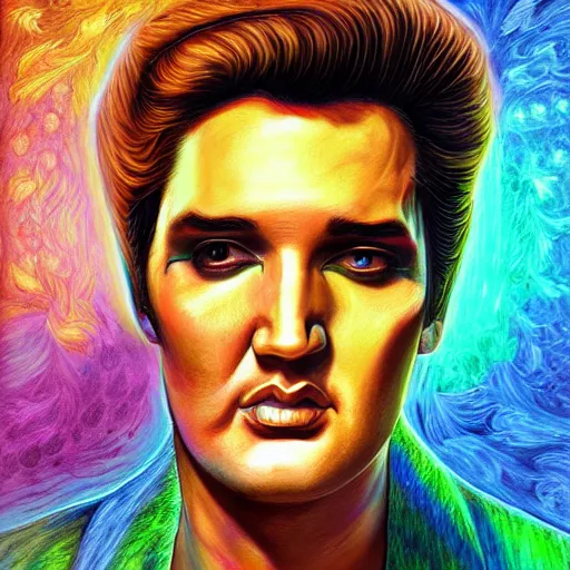 Image similar to an extremely psychedelic portrait of elvis, surreal, lsd, face, detailed, intricate, elegant, lithe, highly detailed, digital painting, artstation, concept art, smooth, sharp focus, illustration