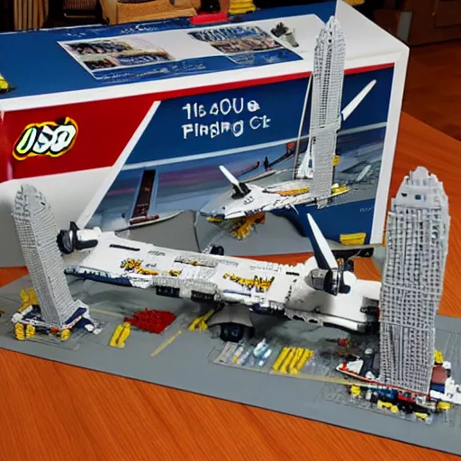 Image similar to the World Trade Center with an airplane as a lego set