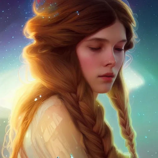 Image similar to aurora, girl with super long hair, hair becoming bright stars, intricate, highly detailed, digital painting, artstation, concept art, smooth, sharp focus, illustration, unreal engine 5, 8 k, art by artgerm and greg rutkowski and alphonse mucha