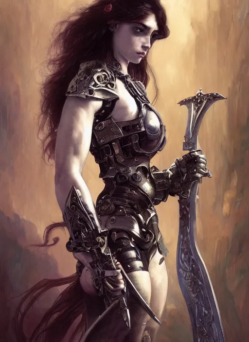 Image similar to portrait of beautiful pale gothic muscular warrior girl with sword, warhammer 40000, cyberpunk, intricate, elegant, highly detailed, digital painting, artstation, concept art, smooth, sharp focus, illustration, art by artgerm and greg rutkowski and alphonse mucha and Gustav Klimt and Ilya Kuvshinov