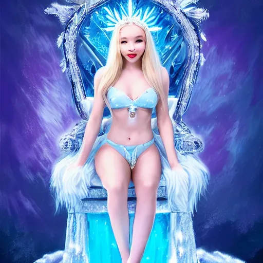 Image similar to dove cameron as an ice princess sitting on her ice throne in her ice castle wearing a bikini, ice, frost, white beautiful hair, cold colours, digital art, illustration, concept art by jason chan