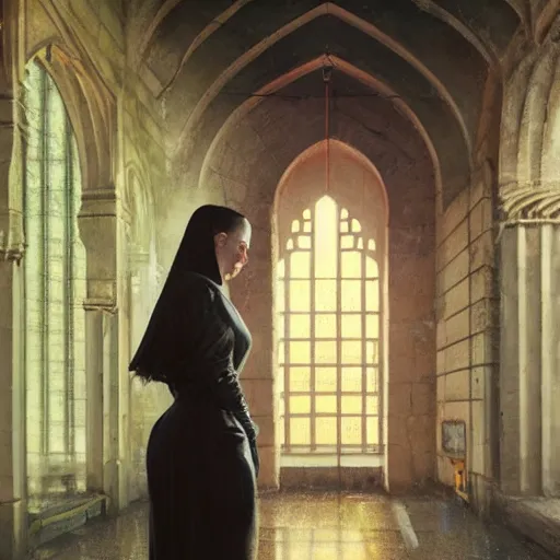 Image similar to detailed portrait of a woman, moment, cyberpunk cloisters, mosque, electronic billboards, tech noir, wet reflections, atmospheric, ambient, livia prima, greg rutkowski, edward hopper, pj crook