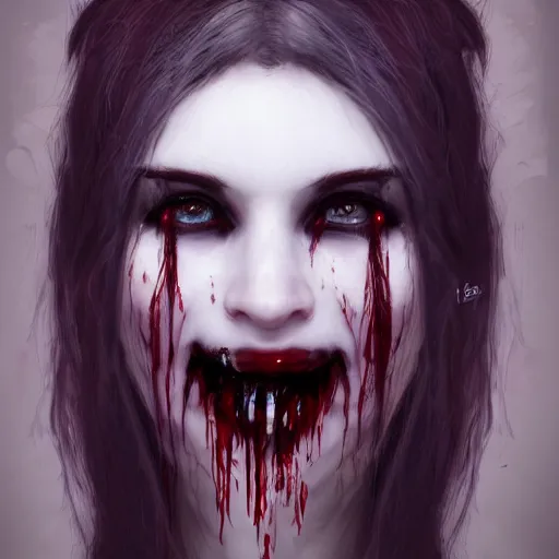 Prompt: Portrait of a pale white vampire woman with bright glowing strands of hair, dark black hair, blood dripping from her fangs, horror, creepy, unsettling, artstation, cgsociety, masterpiece, dark fantasy