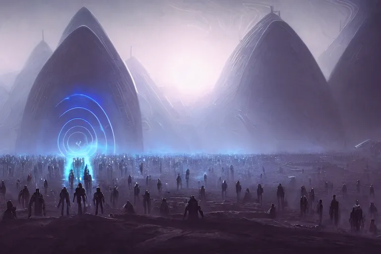 Image similar to high angle view of a crowd of androids walking in a line along a spiral path towards an ancient alien portal, pilgrimage, in mad max style, stargate, coriolios rpg art style, full of details, dark sci - fi, cold blue colors, matte painting, artstation, 8 k, hyperrealistic, style of peter mohrbacher