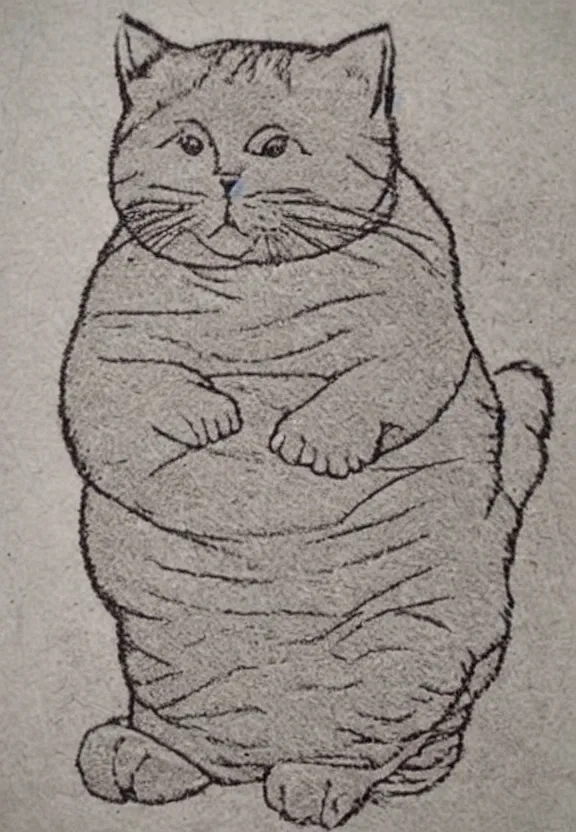 Image similar to woodblock etch of the most chubby cute cat ever, this cute chunky monster has rolls, epic cat