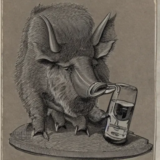 Image similar to an anthropomorphic boar drinking beer