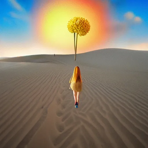 Image similar to closeup giant dahlia flower instead of head, a girl walking between dunes, surreal photography, sunrise, blue sky, dramatic light, impressionist painting, digital painting, artstation, simon stalenhag