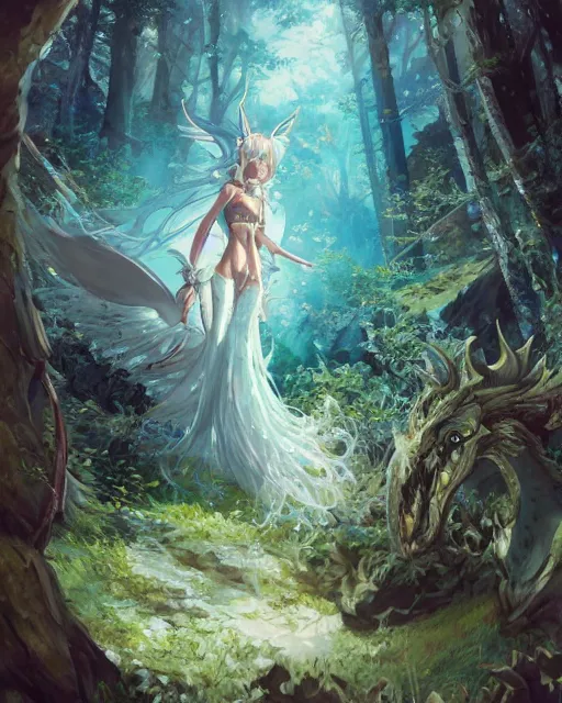 Prompt: an anime landscape of a royal merfolk from magic the gathering wearing a royal garments, near a mystical forest from skyrim, by stanley artgerm lau, wlop, rossdraws, james jean, andrei riabovitchev, marc simonetti, and sakimichan, trending on artstation