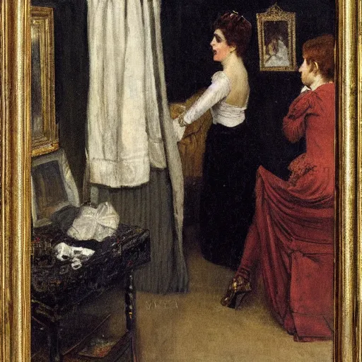 Image similar to theatre actress and factotum in the dressing rooms, by alfred stevens