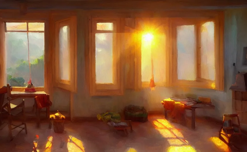 Prompt: happy morning and the rays of the morning sun shining through the window of the village house clear sky, walls made of bacon, warm colors, happy mood, oil painting, high detail, trending on artstation
