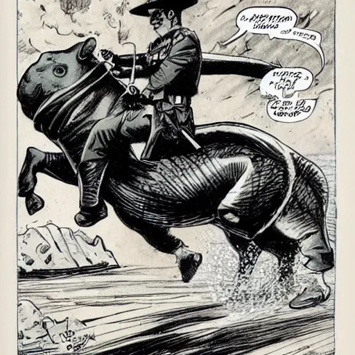 Image similar to comic book drawing of a canadian mountie riding a giant fat hippo by simon bisley and jack kirby