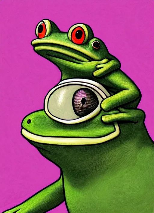 Image similar to depressed pepe the frog as a toad!!!, sad, portrait, intricat, highly detailed, digital painting, artstation, concept art, wallpaper, smooth, sharp focus, illustration, art by matt furie and artgerm and greg rutkowski and alphonse mucha