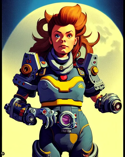 Image similar to brigitte from overwatch, character portrait, portrait, close up, concept art, intricate details, highly detailed, vintage sci - fi poster, retro future, in the style of chris foss, rodger dean, moebius, michael whelan, and gustave dore