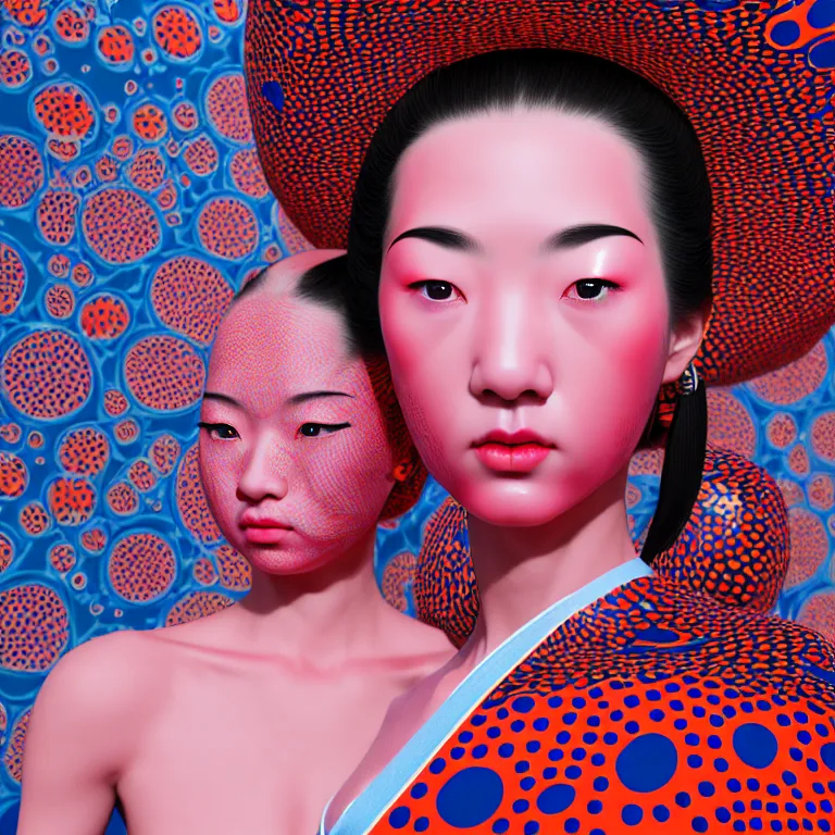 Image similar to hyperrealistic detailed image of a geisha in a art installation room, hd smooth interior by yayoi kusama, part by kei mieno, part by ross tran, dark art by james jean, ultra realistic, highly detailed, life like face, detailed body, 8 k, 3 d render by roger magrini, very cohesive, masterpiece