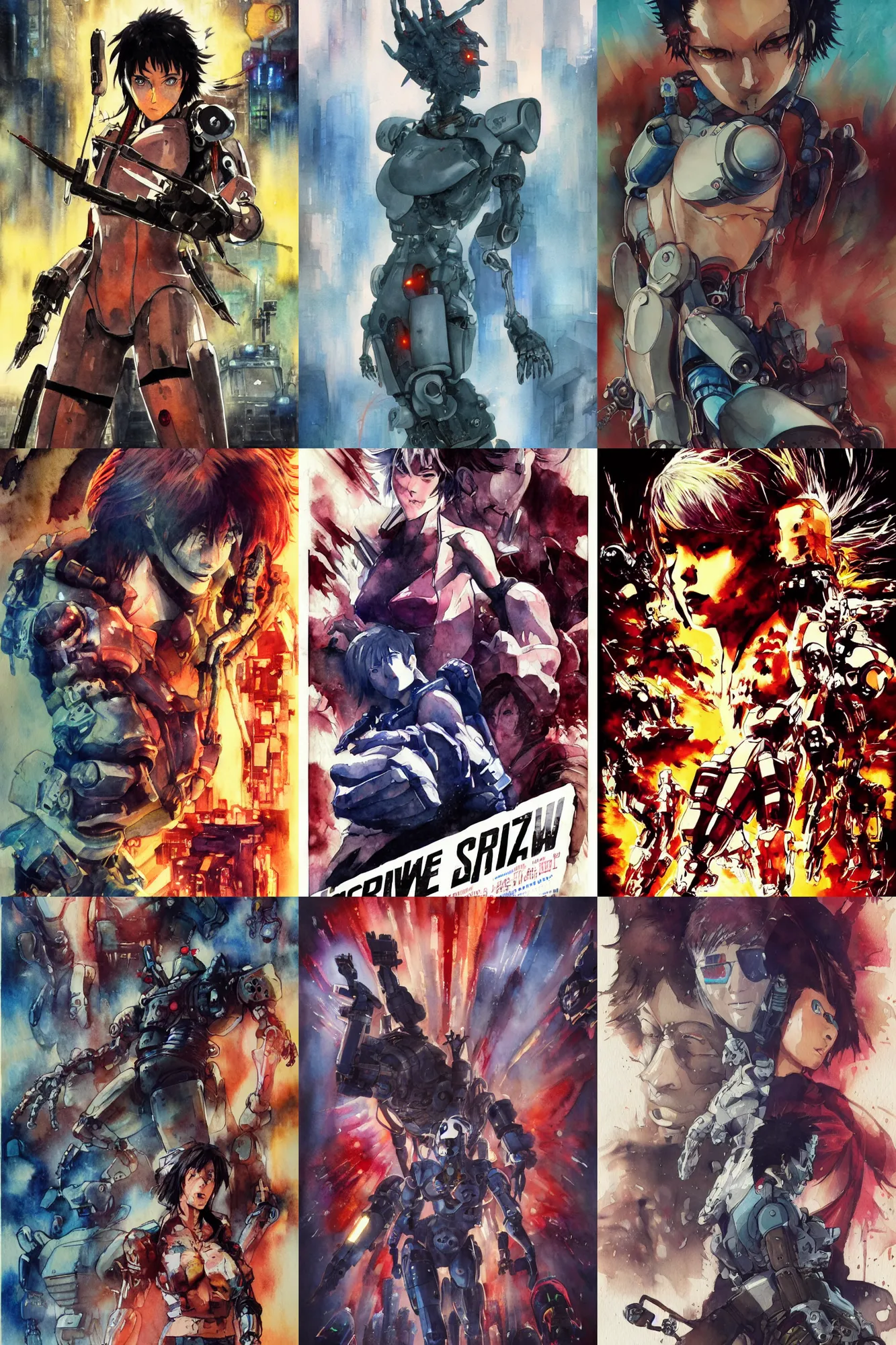 Prompt: incredible drew strewzan movie poster, painted ,watercolor, japan, anime face, yoji shinkawa, kastuhiro otomo, kaiju broken robot limbs claw at the the fog, foggy, light rain, sparks, movie scene close up emotional miss Kusanagi face, short bob hair, wet highway chase, brown mud, dust, robot arm, emotional face shot ,light rain, glowing japanese advertisements on buildings, hd, 4k, remaster, dynamic camera angle, deep 3 point perspective, fish eye, dynamic scene