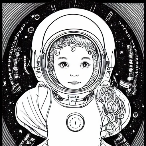 Image similar to clean simple line art of a cute little girl with short wavy curly hair. she is dressed as an astronaut. no background. well composed, clean coloring book page, beautiful detailed face. coloring book line art by artgerm and greg rutkowski and johanna basford and alphonse mucha