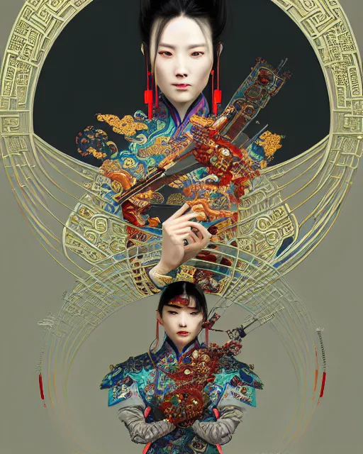 Image similar to portrait of a chinese cyberpunk machine, machine face, arms, upper half portrait, decorated with chinese opera motifs, regal, asian, fine china, wuxia, traditional chinese art intricate intense elegant 京 剧 highly detailed digital painting artstation concept art smooth sharp focus illustration, art by artgerm and greg rutkowski alphonse mucha 8 k