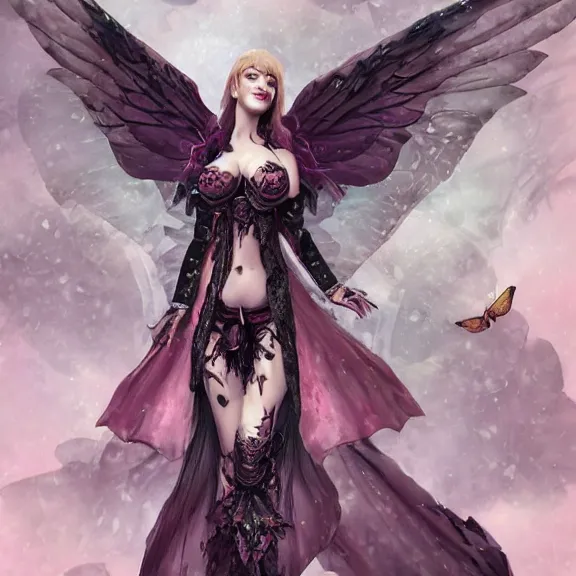 Prompt: photorealistic christina rene hendricks as a beautiful succubus character concept design, butterfly wings, body covered in floral tattoos, d & d, fantasy, highly detailed, digital art, trending on artstation, smooth, sharp focus, illustration, art by peter tang and artgem