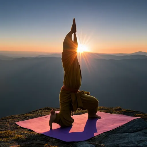 Image similar to full body composition of yoda practicing yoga on the top of a mountain during sunrise, movie still, 4k
