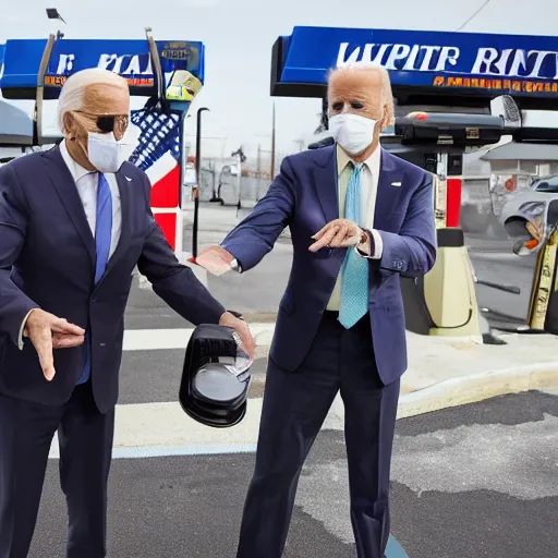 Image similar to Joe Biden raising gas prices at pump crisp detail laughing pointing people shouting with masks on