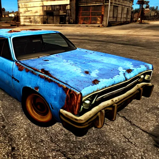 Image similar to A screenshot of a rusty, worn out, broken down, decrepit, run down, dingy, faded chipped paint, tattered, beater 1976 Denim Blue Dodge Aspen in Forza Motorsport 2