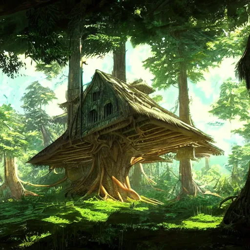 Image similar to concept art painting of treehouses made out of trees and roots, trees with doors and windows in a deep forest, realistic, detailed, cel shaded, in the style of makoto shinkai and greg rutkowski and james gurney