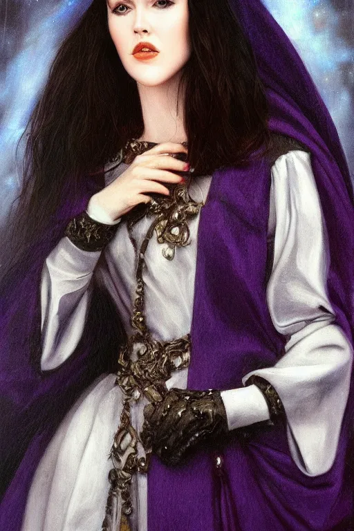 Prompt: hyperrealism oil painting, close - up portrait of isabelle adjani medieval brunette vampire fashion model, knight, steel gradient mixed with nebula sky, in style of baroque