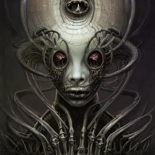 Image similar to a portrait of a beautiful biomechanical queen of necropolis, horror concept art by giger and beksinski and szukalski and wlop and pete mohrbacher, digital art, highly detailed, intricate, sci-fi, sharp focus, Trending on Artstation HQ, deviantart, unreal engine 5, 4K UHD image