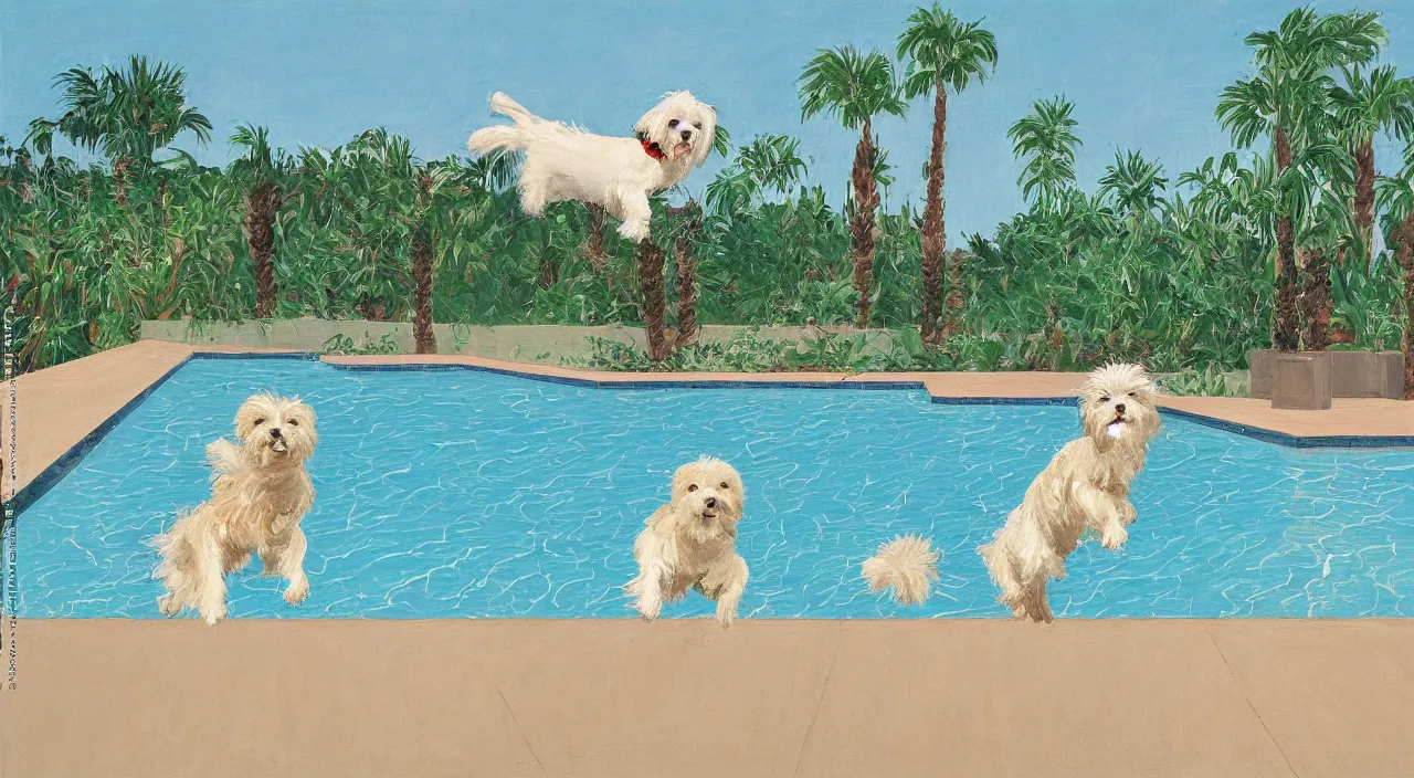 Image similar to medium shot of one cream colored havanese dog jumping from a diving board at a pool at a mid century modern house in palm springs oil painting by david hockney