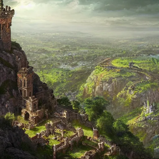Prompt: ancient tower in top of lush mountain overlooking a valley with large medieval baroque city, mythical ambiance, sharp focus, highly detailed, cgsociety
