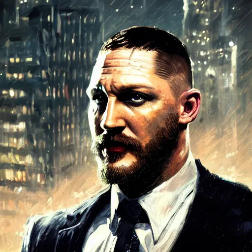 Image similar to closeup portrait of tom hardy as batman, city background, dramatic light, gorgeous view, depth, high detail, digital art, painted by greg rutkowski, trending on artstation