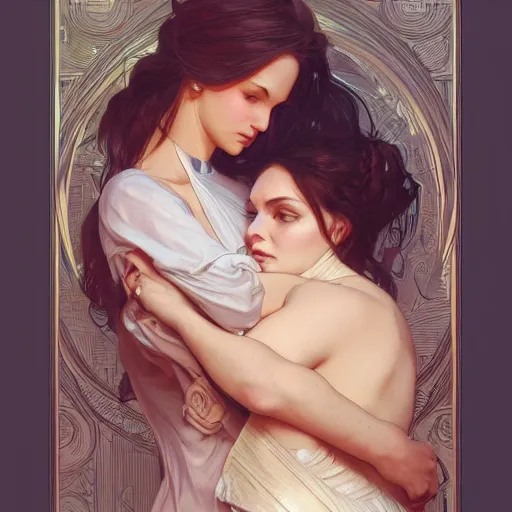 Prompt: a woman with a large hourglass figure hugging someone, intricate, highly detailed, digital painting, artstation, concept art, smooth, sharp focus, illustration, unreal engine 5, 8 k, art by artgerm and greg rutkowski and alphonse mucha