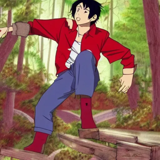 Prompt: a still of a 90s OVA of a man with black hair wearing a red shirt in a forest