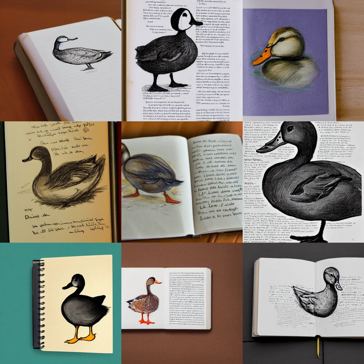 Prompt: a scribbling of a duck on the page of a book