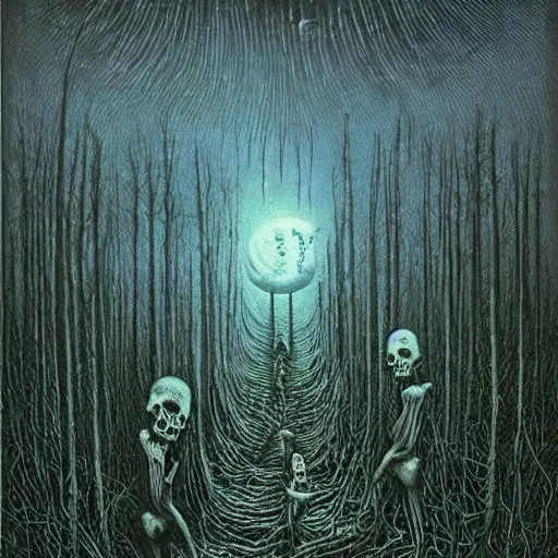 Image similar to skull valley, junji ito, zdzisław beksinski, hr giger, creepy, magic fireflies, mystical creepy