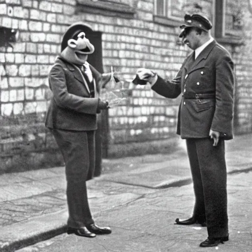 Image similar to kermit the frog and hitler discuss taking over europe