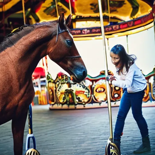 Prompt: professional photo of horse hitting a carousel with a plunger