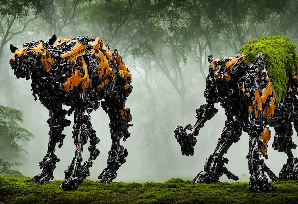 Prompt: quadruped tiger shaped mech, with black synthetic muscles, sinew, clean, simple plastic components, minimalist, product design, modern, in a colourful mossy humid jungle, weta workshop, cinematic, realistic, stylised, unreal engine, hyper realistic, octane render, fog, god rays, bloom,