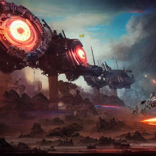 Image similar to gigantic bipedal humanoid war machine standing in a battlefield, steam punk, 70's sci-fi, in the style of Fenghua Zhong and Ruan Jia and Jermy lipking and peter mohrbacher, mystic colors, highly detailed, deep aesthetic, 8k, highly ornate intricate details, cinematic lighting, rich colors, digital artwork, ray tracing, hyperrealistic, photorealistic, cinematic landscape, trending on artstation,